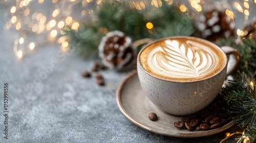 Christmas latte with latte art, pine branches, pine cones, fairy lights, coffee beans, on gray background, festive, close up, copy space