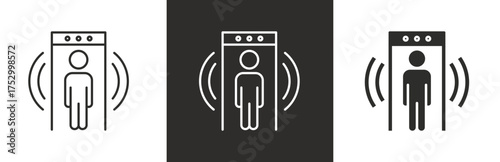 flat and linear set icons, detector metal icon, security check, frisking man, simple symbols on white and black background - editable stroke vector illustration