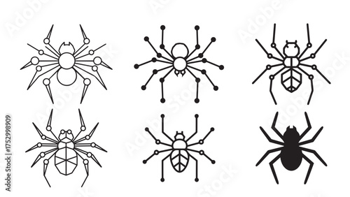 Spider icons in abstract triangular and circular monoline geometric design