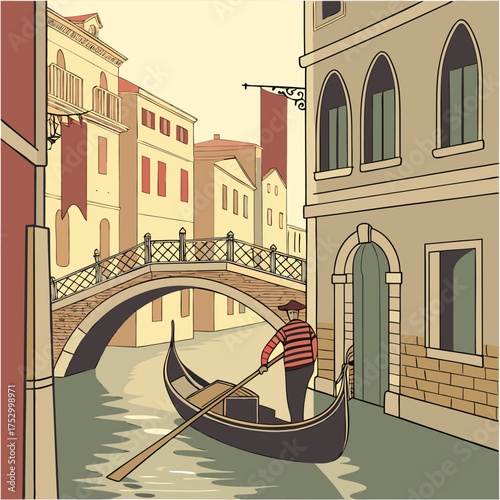 Venetian Gondola: A picturesque scene of a gondolier navigating a traditional gondola through a canal, passing beneath an elegant bridge and historic architecture.