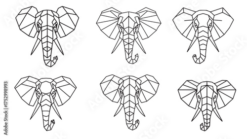 Elephant head icon collection — minimal triangular geometric line outline