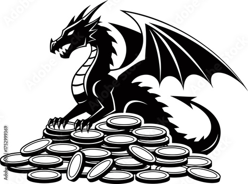 Black dragon sitting on a pile of gold coin. Treasure guardian. Fantasy creature and wealth concept. Vector illustration for icon, logo