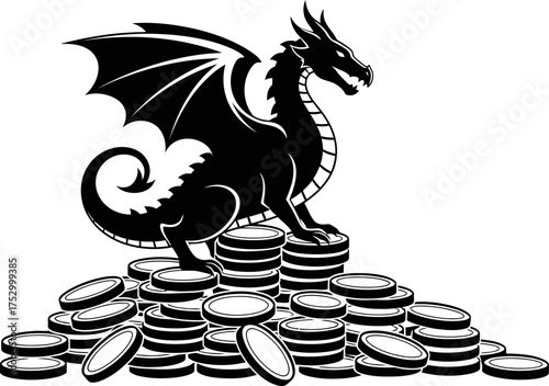 Black dragon on a pile of gold coins. Fantasy creature on treasure hoard. Wealth and success concept. Stylized vector illustration