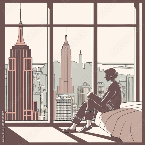 City Contemplation: A silhouette gazes at the skyline, perched on a windowsill. This image captures the quiet peace and thoughtful mood of a person observing a cityscape.