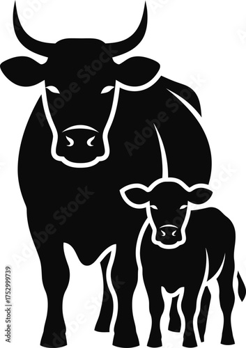 Silhouette of a cow standing next to a calf. Farm animal concept. Vector illustration for cattle breeding, livestock design