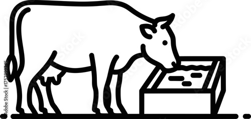 Cow drinking water concept line art icon. Livestock animal at farm. Bovine agriculture pictogram. Vector icon for website, app, infographic
