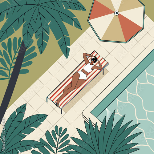 Tropical Retreat: A sun-kissed individual relaxes on a striped lounge chair by a tranquil pool. The scene captures the essence of relaxation.