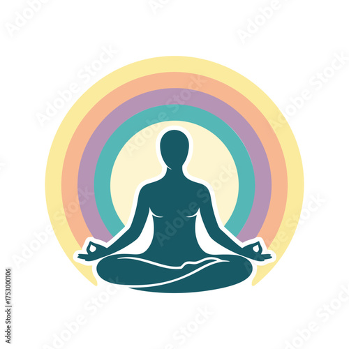 Meditating person in lotus position silhouette against a serene, colorful rainbow aura background