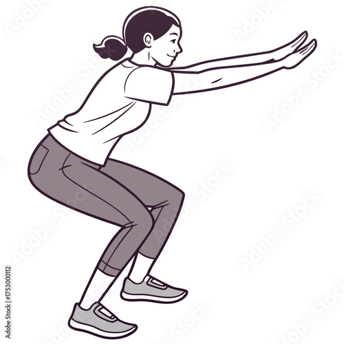 Bodyweight Exercise: A woman performs a perfect squat, showcasing proper form and dedication to fitness. Embracing a healthy lifestyle through bodyweight exercises.