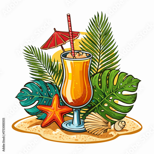 Beach accessories, palm leaves, seashells, flower and an exotic cocktail on sand