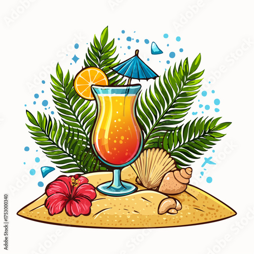 Beach accessories, palm leaves, seashells, flower and an exotic cocktail on sand