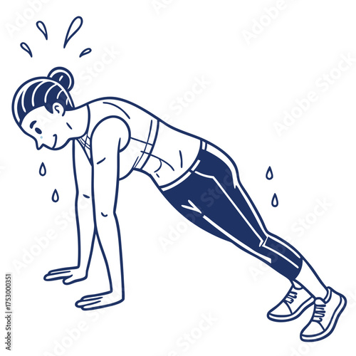 Strong Core Workout: A determined woman focuses intently on her push-up form, sweat glistening as she engages in a rigorous exercise routine. It encapsulates the determination and commitment.