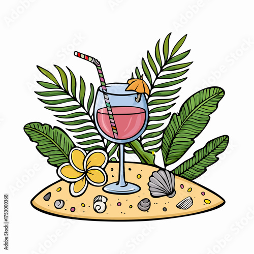 Beach accessories, palm leaves, seashells, flower and an exotic cocktail on sand