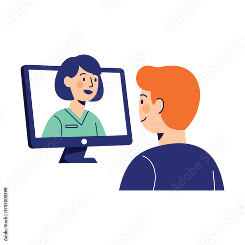 Telemedicine consultation with a male patient viewing a female doctor on a computer monitor