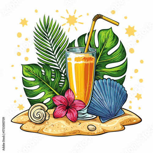 Beach accessories, palm leaves, seashells, flower and an exotic cocktail on sand