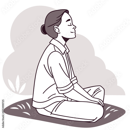 Calm contemplation: A serene woman finds inner peace through meditation, embodying mindfulness in a tranquil setting.