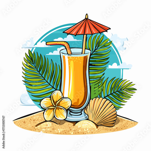 Beach accessories, palm leaves, seashells, flower and an exotic cocktail on sand