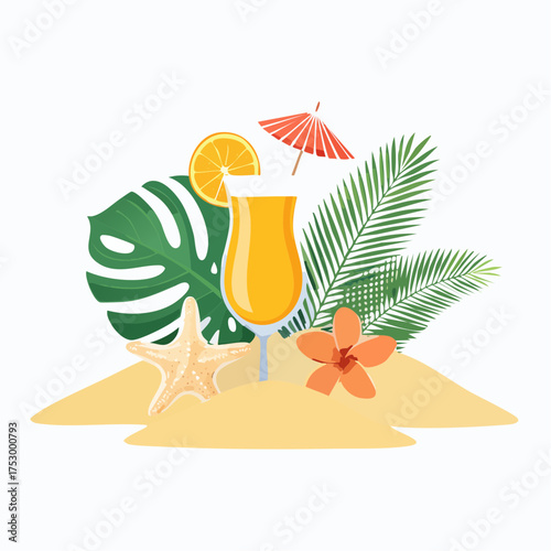 Beach accessories, palm leaves, seashells, flower and an exotic cocktail on sand