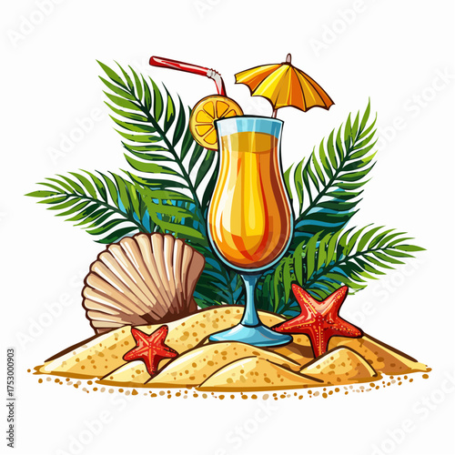 Beach accessories, palm leaves, seashells, flower and an exotic cocktail on sand