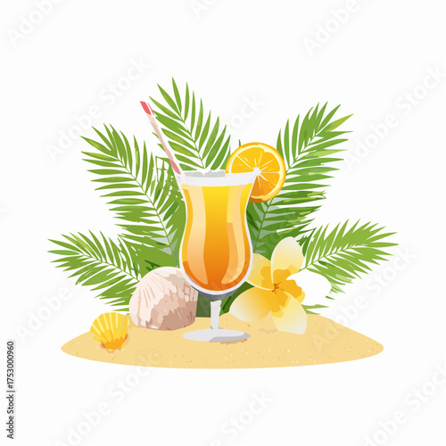 Beach accessories, palm leaves, seashells, flower and an exotic cocktail on sand