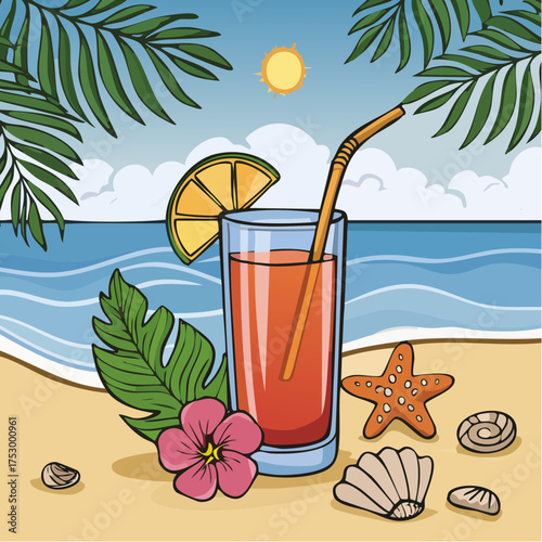 Beach accessories, palm leaves, seashells, flower and an exotic cocktail on sand