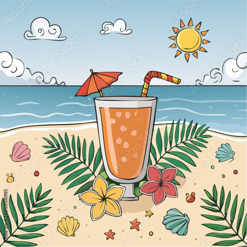 Beach accessories, palm leaves, seashells, flower and an exotic cocktail on sand