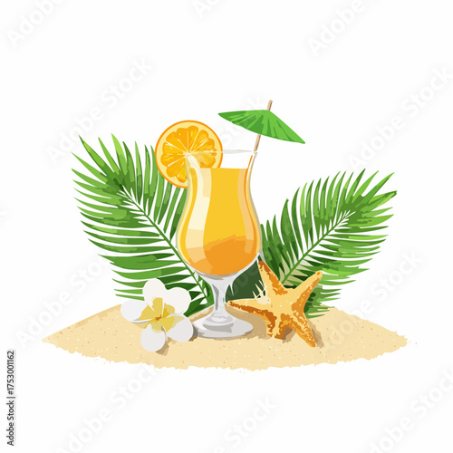 Beach accessories, palm leaves, seashells, flower and an exotic cocktail on sand