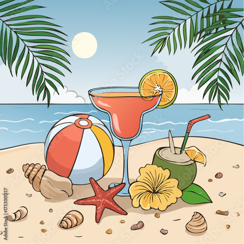 Beach accessories, palm leaves, seashells, flower and an exotic cocktail on sand