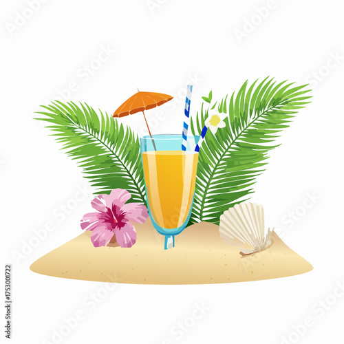 Beach accessories, palm leaves, seashells, flower and an exotic cocktail on sand