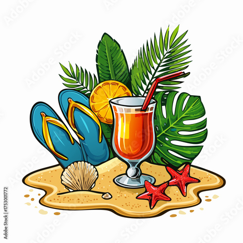 Beach accessories, palm leaves, seashells, flower and an exotic cocktail on sand