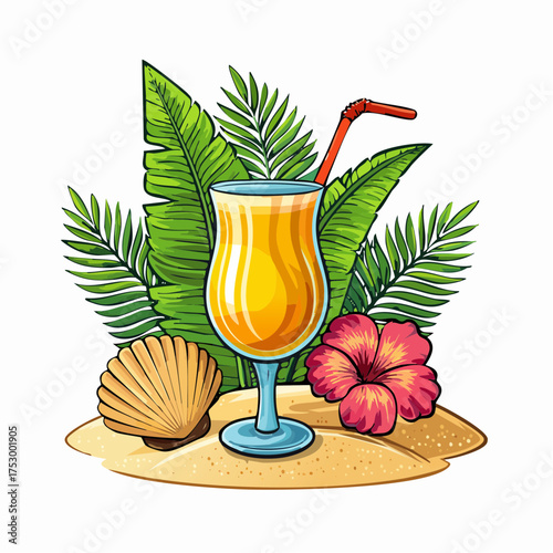 Beach accessories, palm leaves, seashells, flower and an exotic cocktail on sand