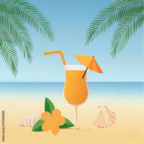 Beach accessories, palm leaves, seashells, flower and an exotic cocktail on sand