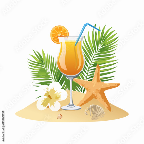 Beach accessories, palm leaves, seashells, flower and an exotic cocktail on sand