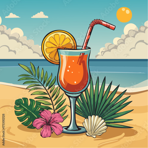 Beach accessories, palm leaves, seashells, flower and an exotic cocktail on sand