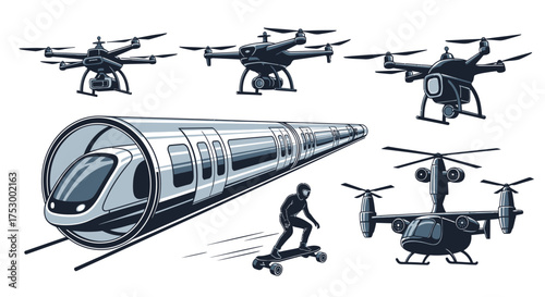 Abstract geometric shapes and lines forming a dynamic composition with a silhouette element