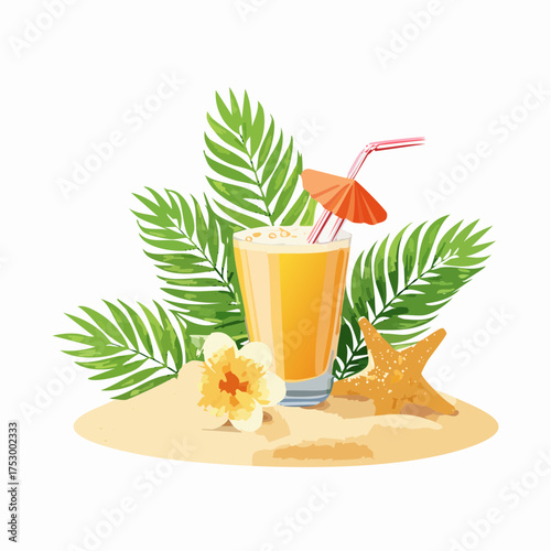 Beach accessories, palm leaves, seashells, flower and an exotic cocktail on sand