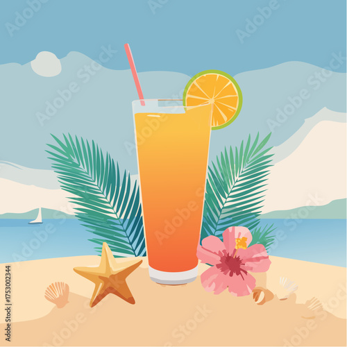 Beach accessories, palm leaves, seashells, flower and an exotic cocktail on sand