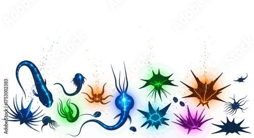 Dynamic abstract banner design featuring a prominent dark silhouette against a vibrant energetic background in rgb color
