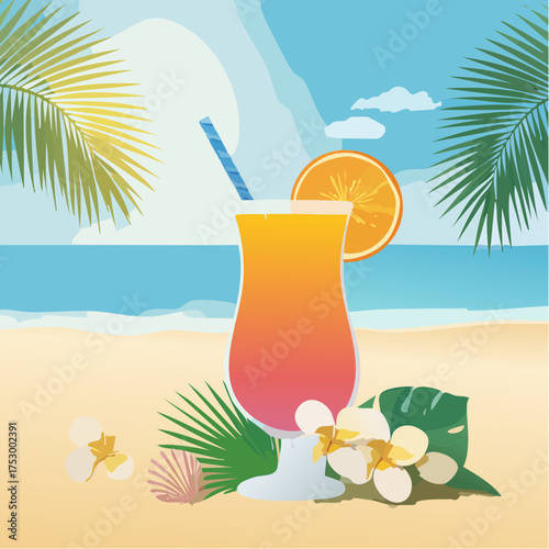 Beach accessories, palm leaves, seashells, flower and an exotic cocktail on sand