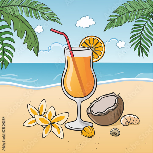 Beach accessories, palm leaves, seashells, flower and an exotic cocktail on sand
