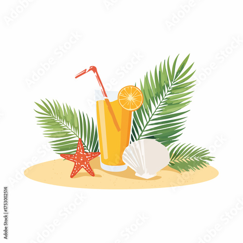 Beach accessories, palm leaves, seashells, flower and an exotic cocktail on sand