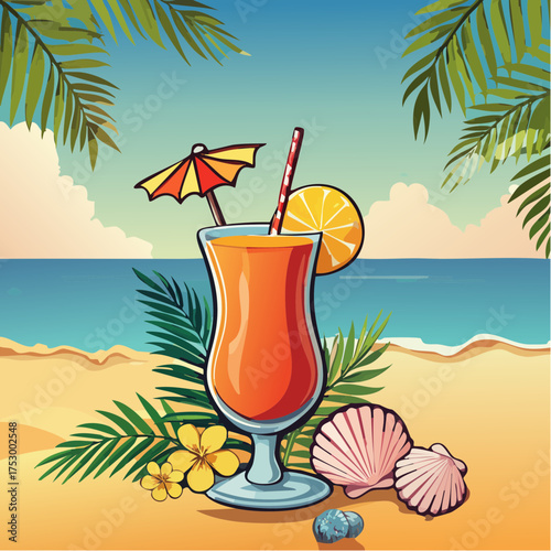 Beach accessories, palm leaves, seashells, flower and an exotic cocktail on sand