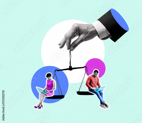 A hand holds a scale on which a man and a woman are sitting. Concept of teamwork, balance, justice, or gender inequality and competition, social contrast. Creative art collage.