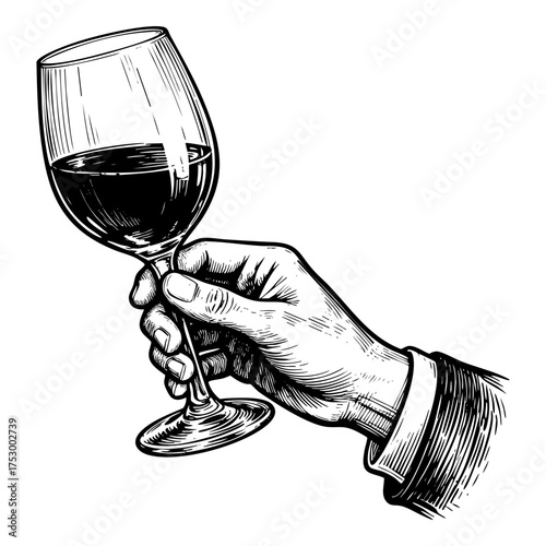 and Holding Wine Glass Toast Engraving Vector Illustration