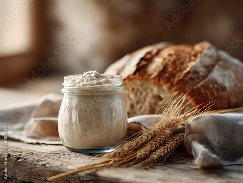 Glass jar with mature sourdough starter and rustic loaf on a wooden table, showcasing the craft of natural leavening and slow fermentation in artisan baking