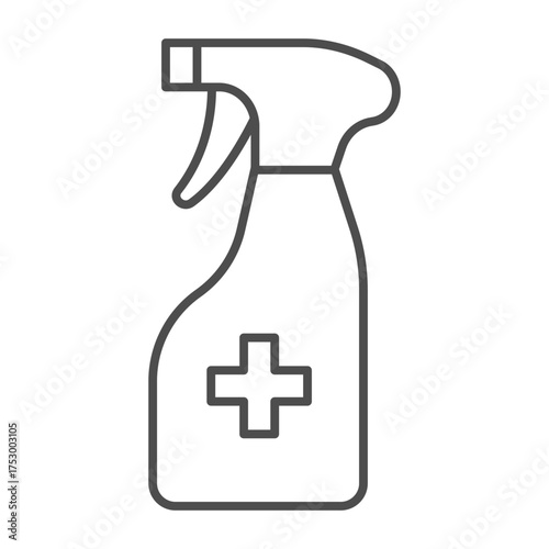 Antiseptic spray thin line icon, hygiene concept. Vector graphics. Spray bottle and medical cross sign on white background, outline style icon for mobile or web design.
