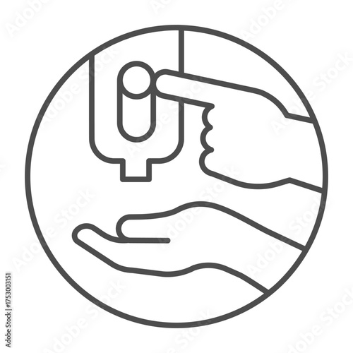 Liquid soap container thin line icon, hygiene and washing concept. Vector graphics. Two hands and liquid soap with button sign on white background, outline style icon for mobile or web design.