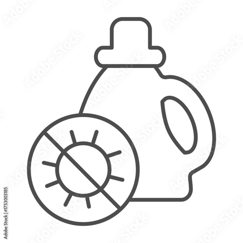 Detergent bottle with handle thin line icon, antibacterial agent concept. Vector graphics. Bottle nd bacteria ban sign on white background, outline style icon for mobile or web design.