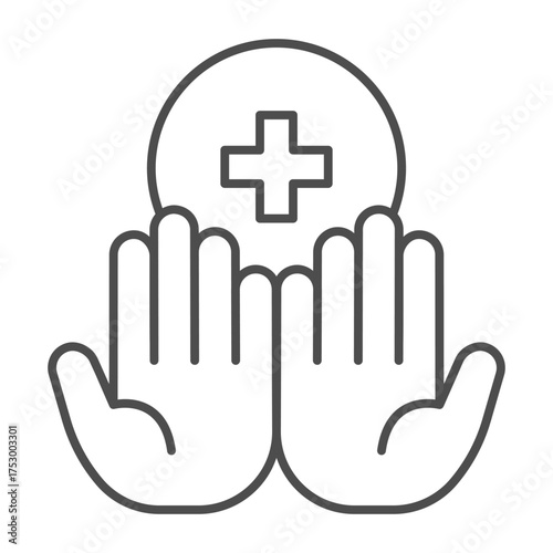 Clean palm of hands thin line icon, hygiene concept. Vector graphics. Hands and medical cross bubble sign on white background, outline style icon for mobile or web design.