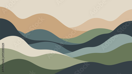 Abstract landscape illustration with layered hills in muted earth tone colors and a light beige sky